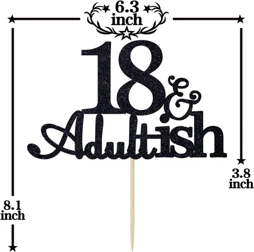 Vista 2 de Decoración para pastel de 18 años con purpurina negra y Adultish para fiesta de cumpleaños de dieciocho años, decoraciones de pastel de tiempo