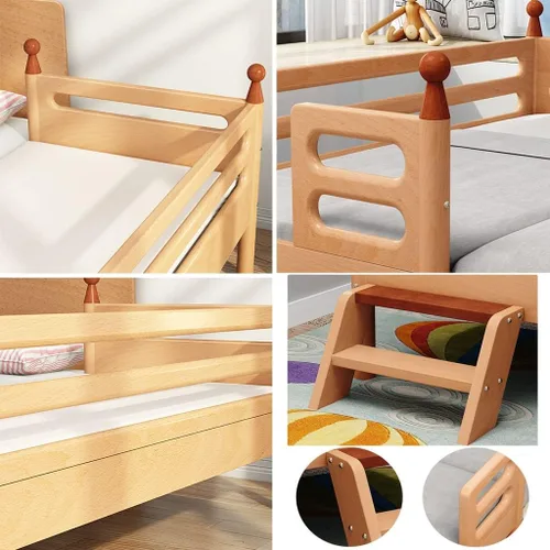 Vista 5 de Cama de madera maciza con escalera, marco de cama de plataforma de madera, colchón de empalme, cama infantil ampliada con riel de seguridad