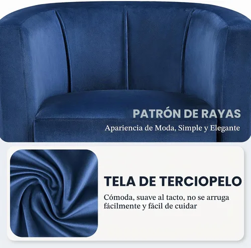 Vista 4 de Yaheetech Silla decorativa de terciopelo, sillones modernos y cómodos, silla tapizada de barril para sala de estar, dormitorio, sala de espera, Azul
