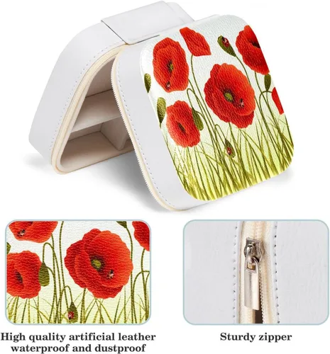 Vista 5 de KQNZT Joyero pequeño para niñas, organizador de joyas de viaje de piel sintética, flor roja de amapola de maíz floral