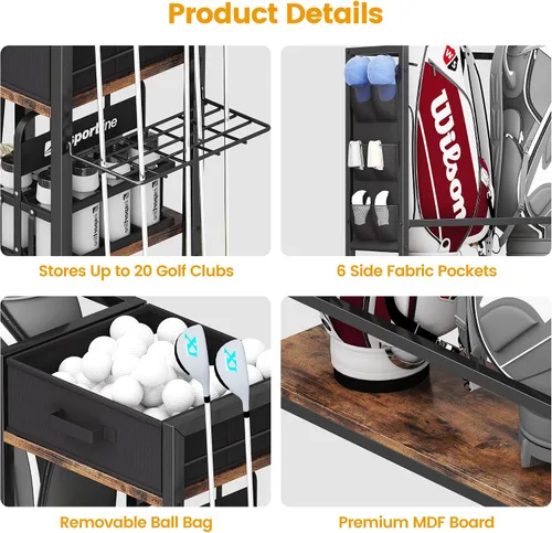 Vista 6 de Organizador de almacenamiento de bolsa de golf para garaje, organizador de golf con estante de golf adicional y bolsa lateral de tela para 20 palos