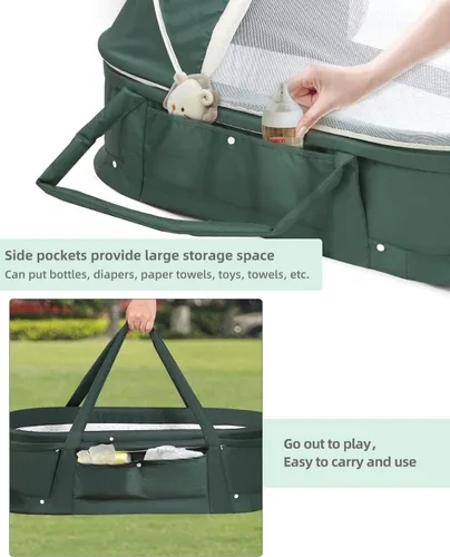 Vista 6 de Cuna de viaje para bebé portátil con dosel 2 en 1 para recién nacido - verde