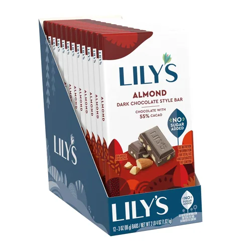 Vista 2 de LILY'S Almendra estilo chocolate negro sin azúcar añadido, barras de dulces, 3 onzas (12 unidades)