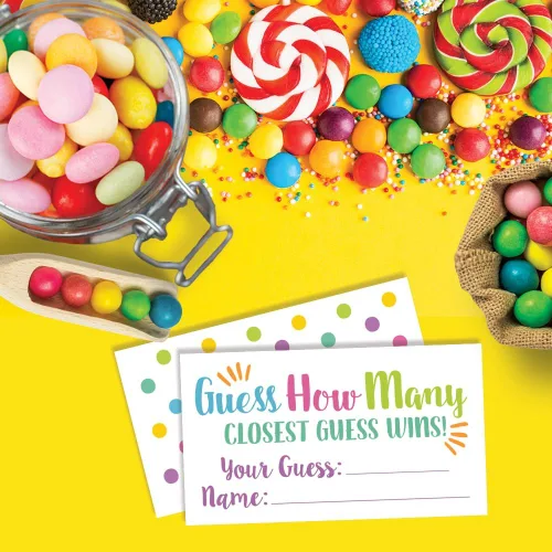 Vista 3 de 50 tarjetas de juego Candy Guessing - Adivina cuántas entradas en el juego Jar