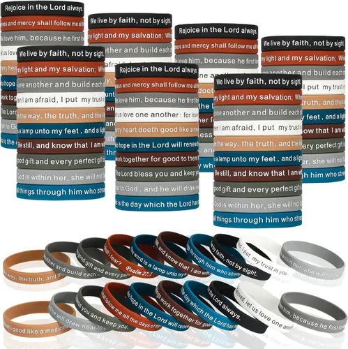 Vista 17 de Estune 120 pulseras con versículo bíblico, pulseras cristianas, color azul