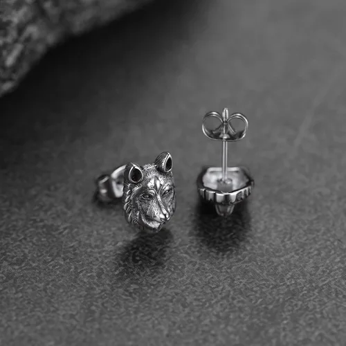 Vista 9 de FaithHeart Norse Vikingo Jewelry - Aretes de tuerca de plata de ley de acero inoxidable, lobo celtamartillo de Thors para mujeres y hombres, Acero