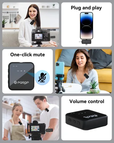 Vista 6 de PQRQP, micrófono 3 en 1 para iPhone/Android/cámara, inalámbrico, transmisión de 328 pies, duración de la batería de 18 horas, mini micrófono