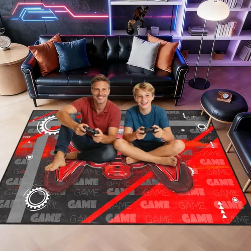 Vista 3 de Alfombra de suelo con estampado de videojuegos 3D para niños, alfombra pequeña roja para dormitorio, tapete de piso para habitación de niños