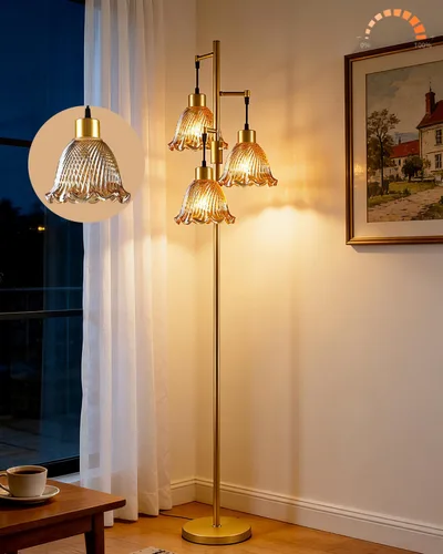 Vista 18 de Lámpara de pie moderna de cristal de 3 luces, lámpara alta de pie dorada con pantalla de vidrio de piña roja profunda, lámpara de pie LED regulable