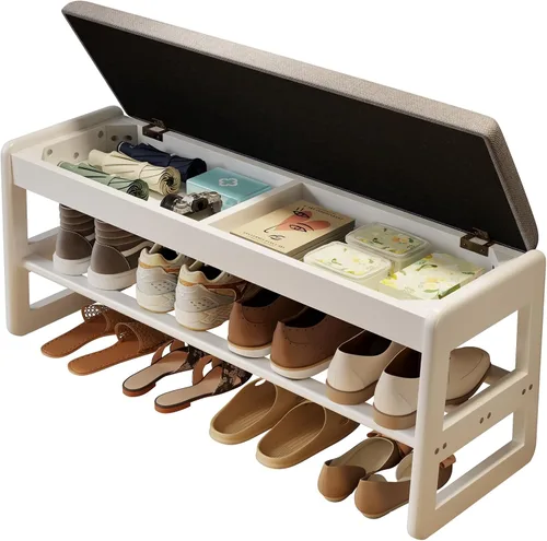 Vista 18 de AQIMUELE Banco pequeño para zapatos, banco de zapatos de 2 niveles con almacenamiento con tapa abatible, zapatero de madera para entrada, pasillo