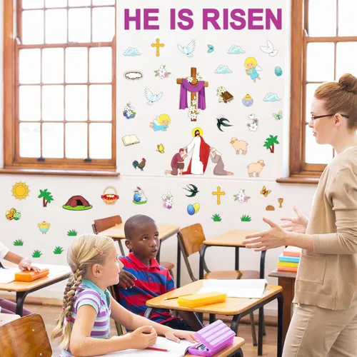 Vista 5 de Tablero de anuncios de Pascua Jesús Él ha resucitado, decoraciones para el aula, Pascua religiosa Jesús resurrección, recortes de cruz, Biblia