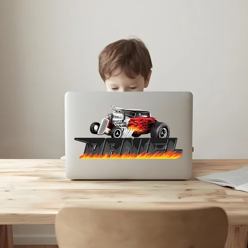 Vista 3 de Decoración de habitación de coches, calcomanía de pared con nombre de bandera de carreras, arte de pared personalizado para niños, bebés y niños