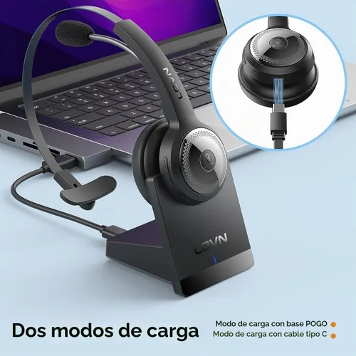 Vista 5 de LEVN Auriculares Bluetooth 5.0, auriculares inalámbricos con micrófono (cancelación de ruido AI), auriculares Bluetooth de 35 horas con dongle USB