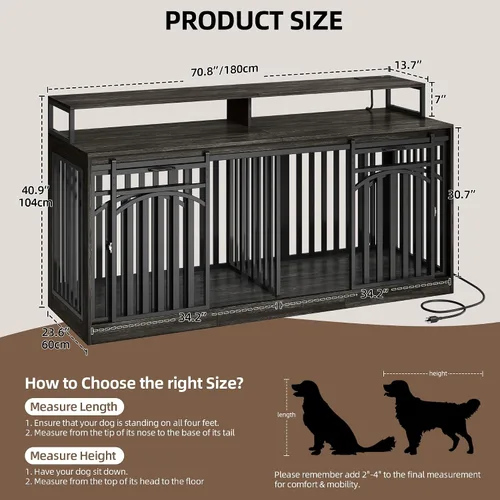 Vista 4 de DWVO 71" Double Dog Crate Furniture with LED Light & Power Outlets Soporte de TV doble resistente para perros con estantes y puertas correderas
