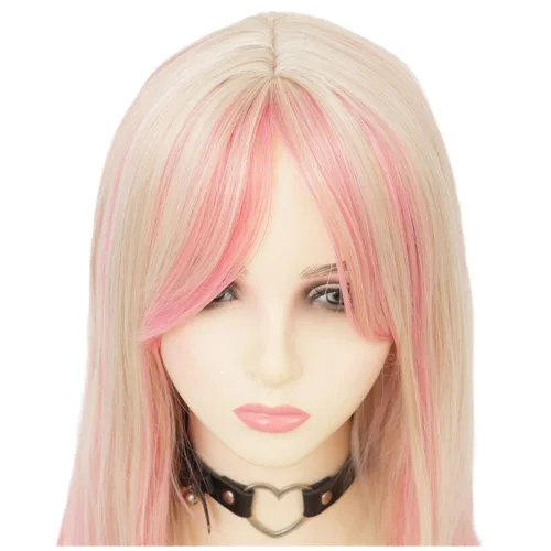 Vista 5 de Pelucas rubias y rosadas largas y rectas para mujer, con parte media, de fibra resistente al calor, para cosplay, Halloween Rubio Rosa