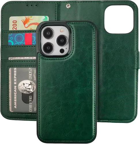 Vista 15 de Funda tipo cartera desmontable Bocasal para iPhone 15 Pro Max con bloqueo RFID, ranuras para tarjetas, soporte magnético, cuero PU premium, atril