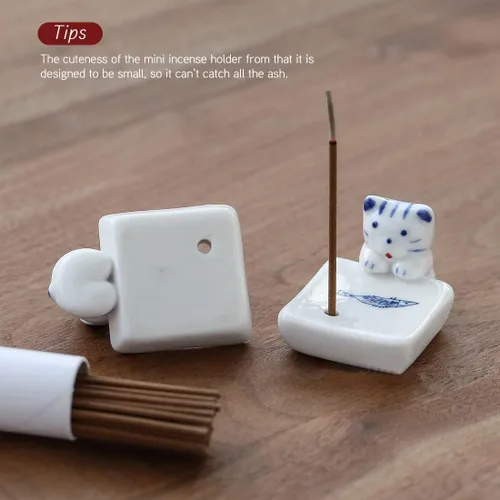 Vista 6 de Juego de 2, mini gatito japonés con perro, hecho a mano, de cerámica blanca, soporte para incienso o quemador de incienso, bandeja para decoración