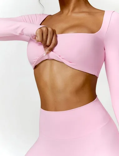 Vista 6 de ABOCIW Conjuntos de entrenamiento para mujer, 2 piezas, parte delantera torcida, manga larga, ombliguera de cintura alta, leggings acampanados