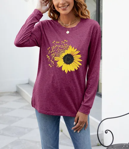 Vista 5 de Camiseta de otoño con estampado de girasol para mujer, diseño casual, holgada, manga larga, cuello redondo, túnica