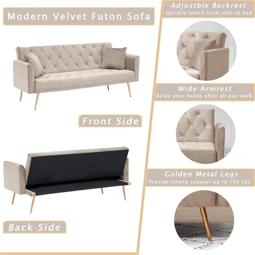 Vista 4 de Sofá cama futón de terciopelo con 2 almohadas, sofá cama convertible con respaldo ajustable de 3 ángulos, sofá biplaza moderno con 4 patas de metal
