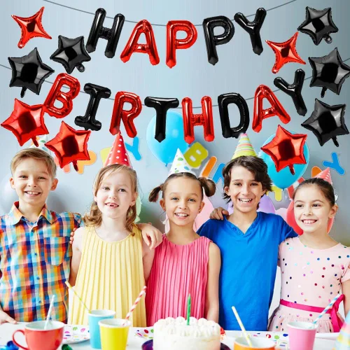 Vista 7 de Cartel de feliz cumpleaños – 13 globos negros y rojos, globo de letras de aluminio de 16 pulgadas con 12 globos de estrella para suministros