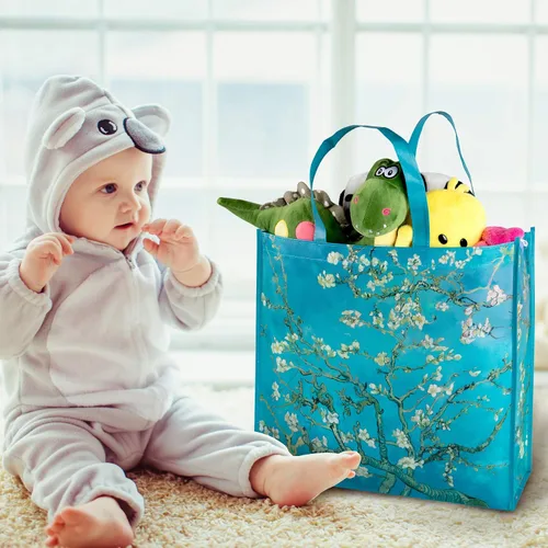 Vista 6 de NymphFable Paquete de 6 bolsas de comestibles reutilizables con flores de almendra, bolsas de compras, impermeables, bolsas de regalo, 50 libras