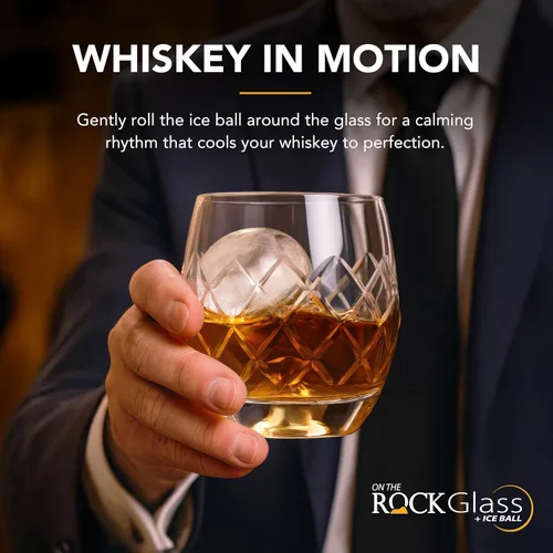 Vista 3 de Final Touch On The Rock Glass con molde de bola de hielo y jigger de medición, eleva tu experiencia de whisky, whisky y bourbon Movimiento