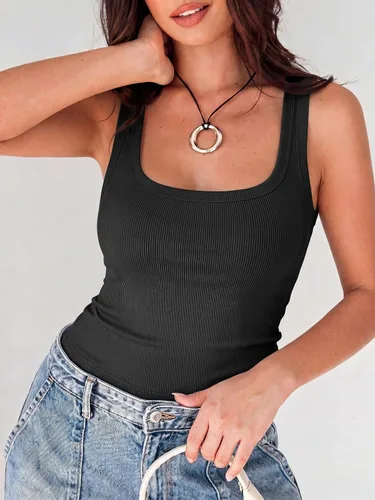 Vista 5 de ANRABESS - Camiseta sin mangas de cuello redondo para mujer, bonita, acanalada, ajustada, prenda básica de verano Negro
