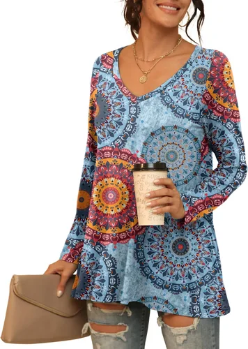 Vista 81 de AWULIFFAN Blusa tipo túnica holgada de manga larga con cuello redondo para mujer