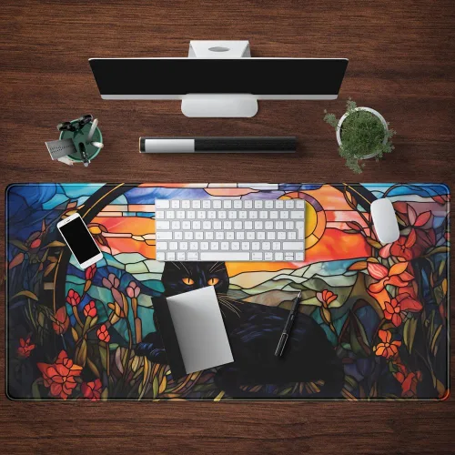 Vista 4 de Tapete de Escritorio de Gato Negro Atardecer Vintage, Alfombrilla de Ratón y Teclado de Escritorio, Alfombrilla de Ratón XXL Grande para Laptop