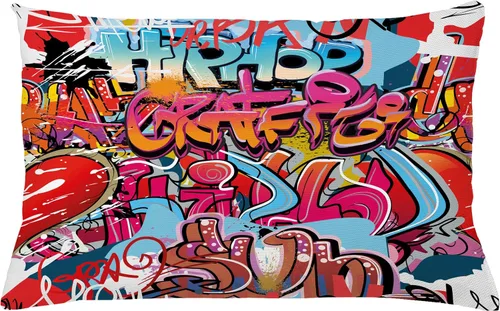 Vista 23 de Ambesonne Funda de cojín gráfica, Hip Hop Street Culture Harlem Nueva York Wall Graffiti Art Spray Art Imagen, funda de almohada cuadrada
