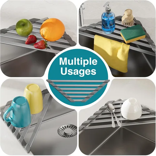 Vista 4 de COOL-ANGLE Escurridor de fregadero de esquina, escurridor triangular de aluminio resistente al óxido, tapete enrollable resistente al calor