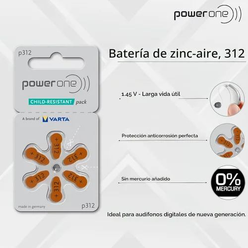 Vista 3 de Power One Size 312 Zinc Air Audífono Baterías Sin mercurio (42 baterías)