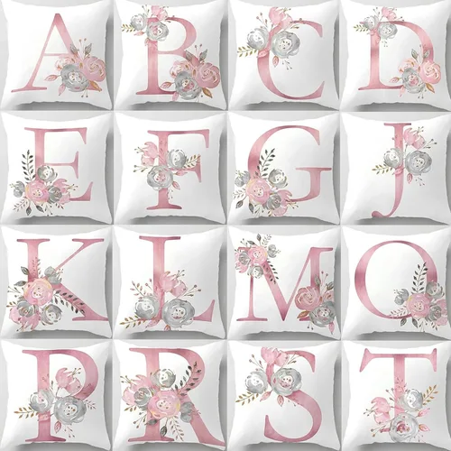 Vista 2 de Fundas de almohada rosa, lindas fundas de almohada decorativas con alfabeto, fundas de cojín cuadradas, protectores de almohada con letras