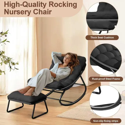 Vista 5 de Mecedora para interiores, cómoda silla de patio, mecedora con otomana y marco de metal resistente, sillas de balcón con cojín grueso, silla mecedora