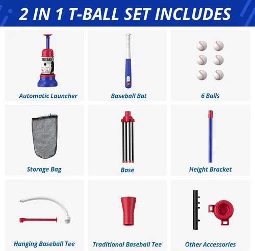Vista 9 de HYES Juego de béisbol 3 en 1 para niños de 3 a 5 años - Soporte para pelota de tee, tee colgante, lanzador de pelotas y 6 pelotas de sóftbol