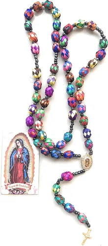 Vista 2 de Rosario hecho a mano de Nuestra Señora de Guadalupe (imagen de charm) Rosario de palma de color con Cristina oración católica en español Collar