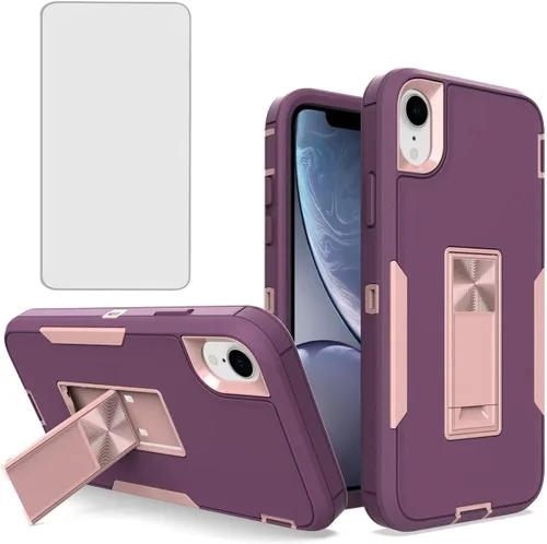 Vista 8 de Funda para iPhone XR, Apple XR con protector de pantalla de vidrio templado, soporte magnético resistente de doble capa a prueba de golpes para Negro