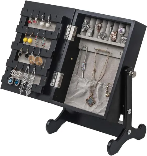 Vista 6 de Trlec Organizador de gabinete de joyería de espejo pequeño, caja de almacenamiento con soporte negro para colocar en mesa auxiliar, escritorio