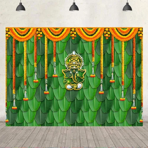 Vista 4 de Ticuenicoa India Pooja - Telón de fondo tradicional de 7 x 5 pies, hojas de plátano, color verde, Chatiya Ganesh, fondo de fotografía de Puja