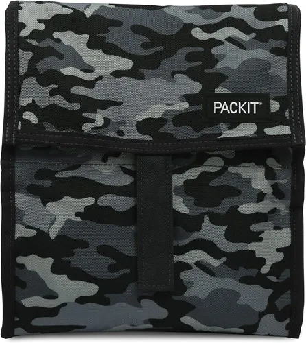 Vista 29 de PackIt Freezable Lunch Bag, Almond Paquetes de hielo integrados, tecnología EcoFreeze+, cierre de cremallera y pliegue, mango de hebilla de Almendra
