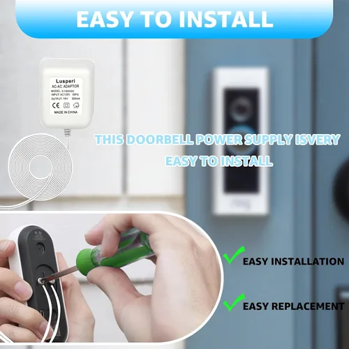 Vista 4 de Cable extra largo de 19.7 pies, transformador de timbre de 18V500mA compatible con timbres de video inalámbricos Ring, Nest, Eufy, Wyze, Arlo
