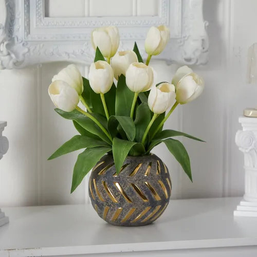Vista 3 de Nearly Natural Arreglo artificial de tulipanes en jarrón decorativo Blanco