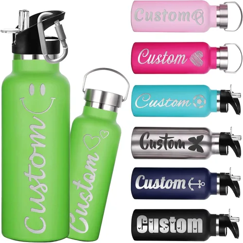 Vista 12 de Botellas de agua personalizadas de 12 onzas, botella de agua de acero inoxidable personalizada con tapa con pajilla, botellas de doble pared