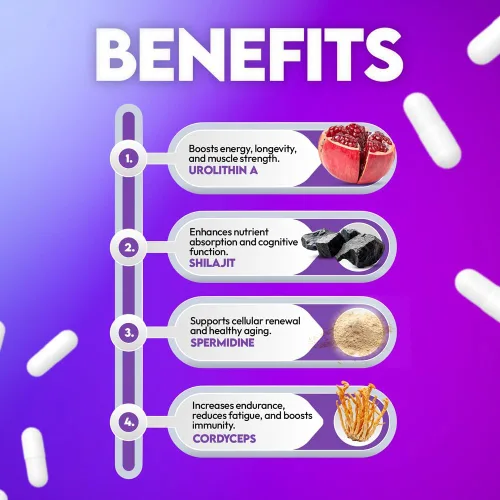 Vista 3 de Urolitina Un suplemento de 500 mg con mezcla de energía 4 en 1 de espermidina de 10 mg, Shilajit 300 mg y Cordyceps 400 mg por porción - Aumenta