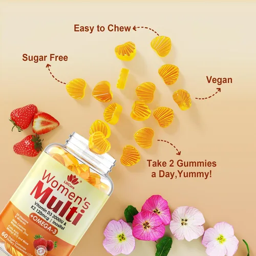 Vista 8 de Gomitas multivitamínicas para mujer con Omega 3 (DHA/EPA), vitamina D3 K2, calcio, inositol, complejo diario de vitamina A C E B, L-metilfolato