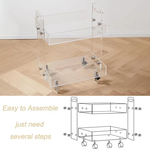 Vista 5 de Gdrasuya10 Mesa auxiliar de acrílico transparente con ruedas, mesa auxiliar de acrílico de 2 niveles, carrito de servicio rodante, mesa