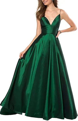 Vista 3 de Vestidos largos de satén con tirantes delgados vestido de dama de honor acampanado cuello en V vestidos formales de noche para mujer