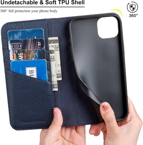 Vista 2 de VISOUL Funda de cuero con diseño de guijarros para iPhone 14 Plus, funda tipo cartera de cuero real con tarjetero y función atril magnética