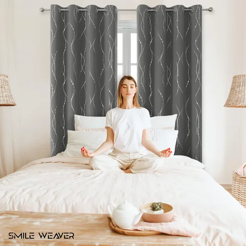 Vista 2 de SMILE WEAVER Cortinas opacas grises para sala de estar de 63 pulgadas de largo, 2 paneles, cortinas de oscurecimiento de habitación, diseño de Gris
